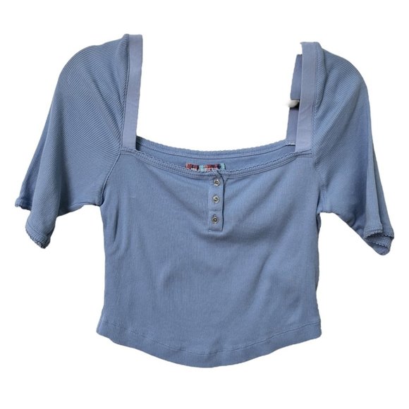 Urban Outfitters Blue Charli Crop Henley Ribbed Top - Picture 1 of 6